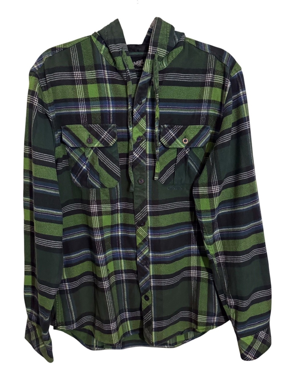 O’Neill Men’s Medium Flannel Plaid Button Up Shirt Hood Outdoors Cotton Pockets